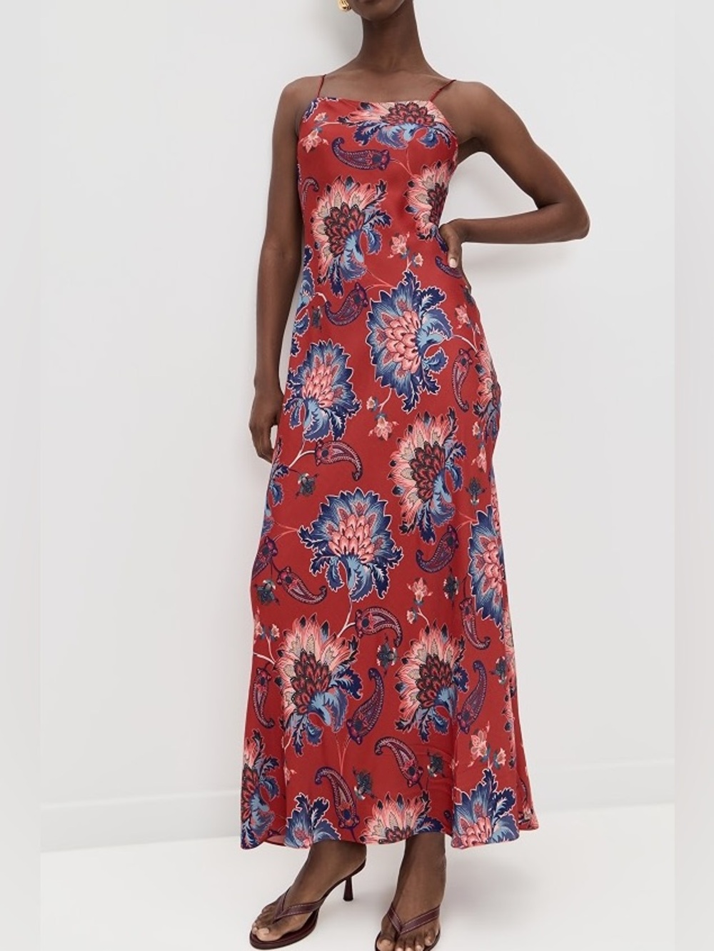 Farm Rio Luang Red Maxi Dress Blue Tropical Floral Bias Slip Resort Aloha Small - Picture 9 of 9